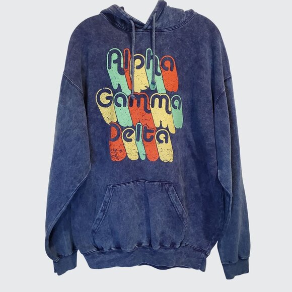 Preowned Alpha, Gamma, Delta Sorority Blue Denim Colored Hoodie Womens SZ Large - Picture 1 of 4
